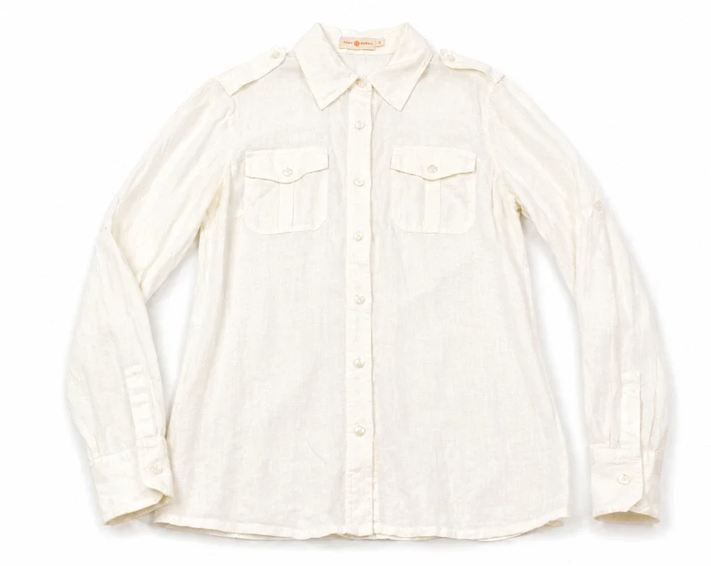 Tory Burch Linen Utility Shirt Womens 6 White Long Sleeve Button-Up Regular Fit